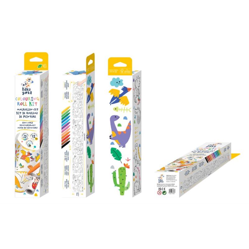 Haku Yoka Kit rollo gigante para colorear y 12 ceras Dinosaurios