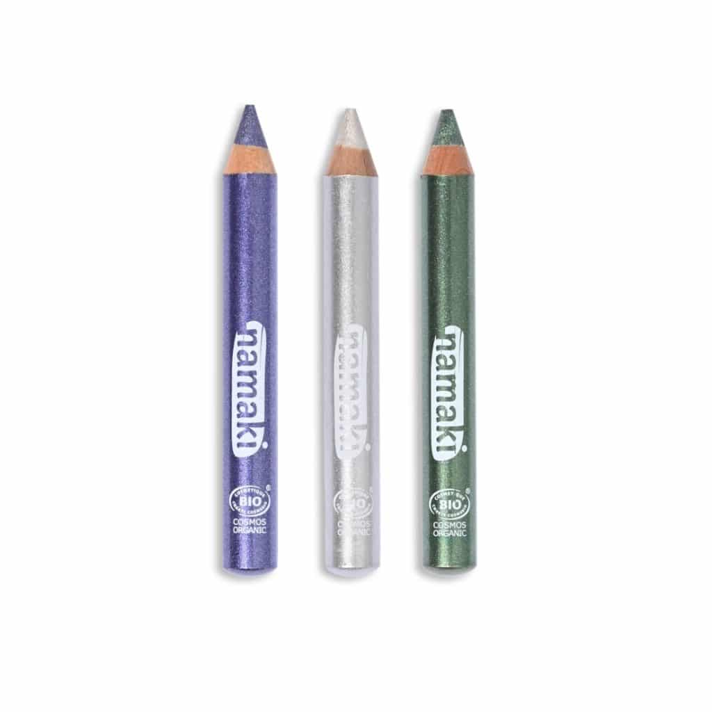 Namaki Set 3 lápices brillo Violeta, Plata y Verde purpurina