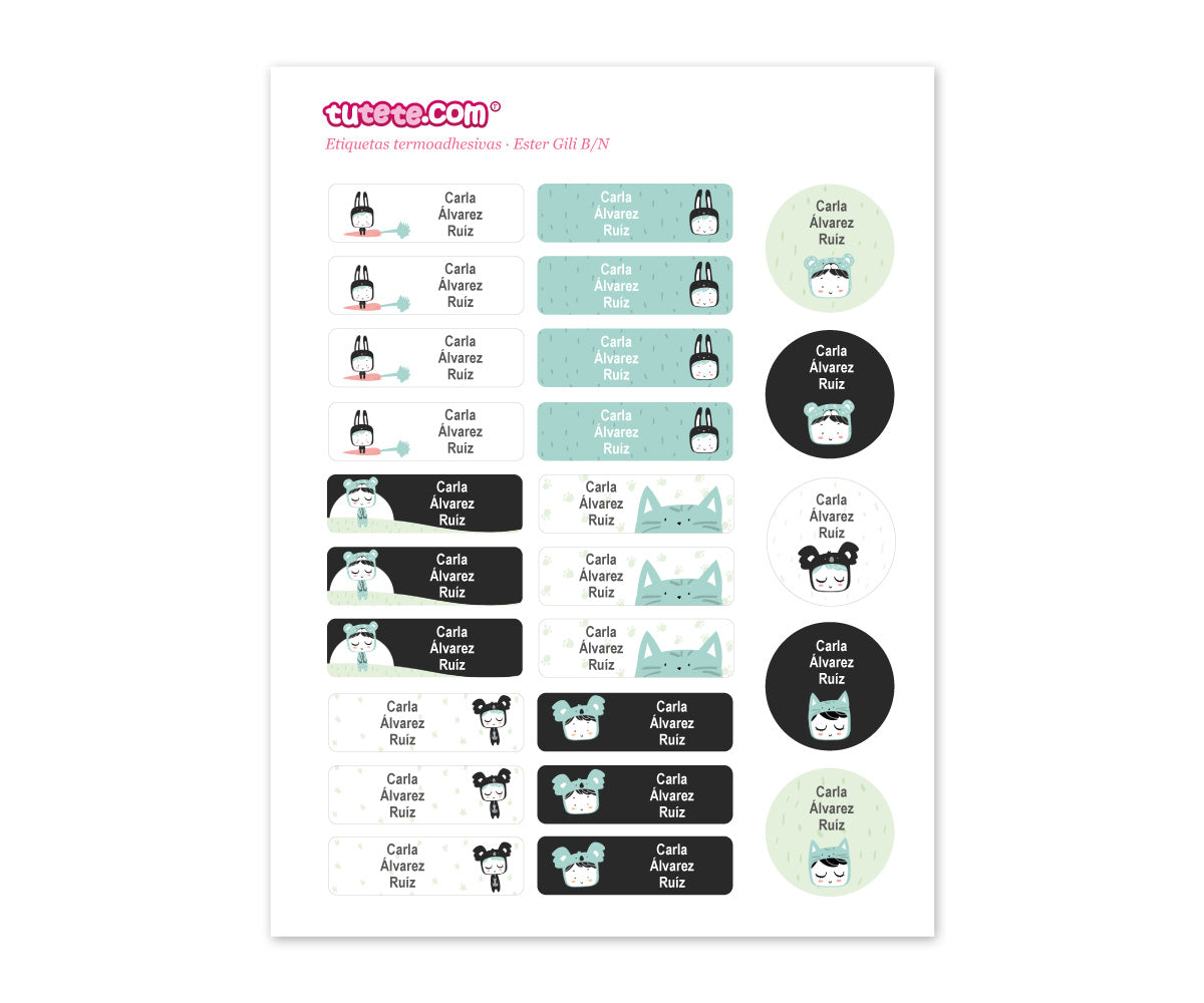 Tutete Etiquetas thermoadhesivas personalizadas Gili blanco y negro