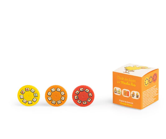 Moulin Roty caja de 3 discos de historias para lámpara “Tromboline y Foulbazar”