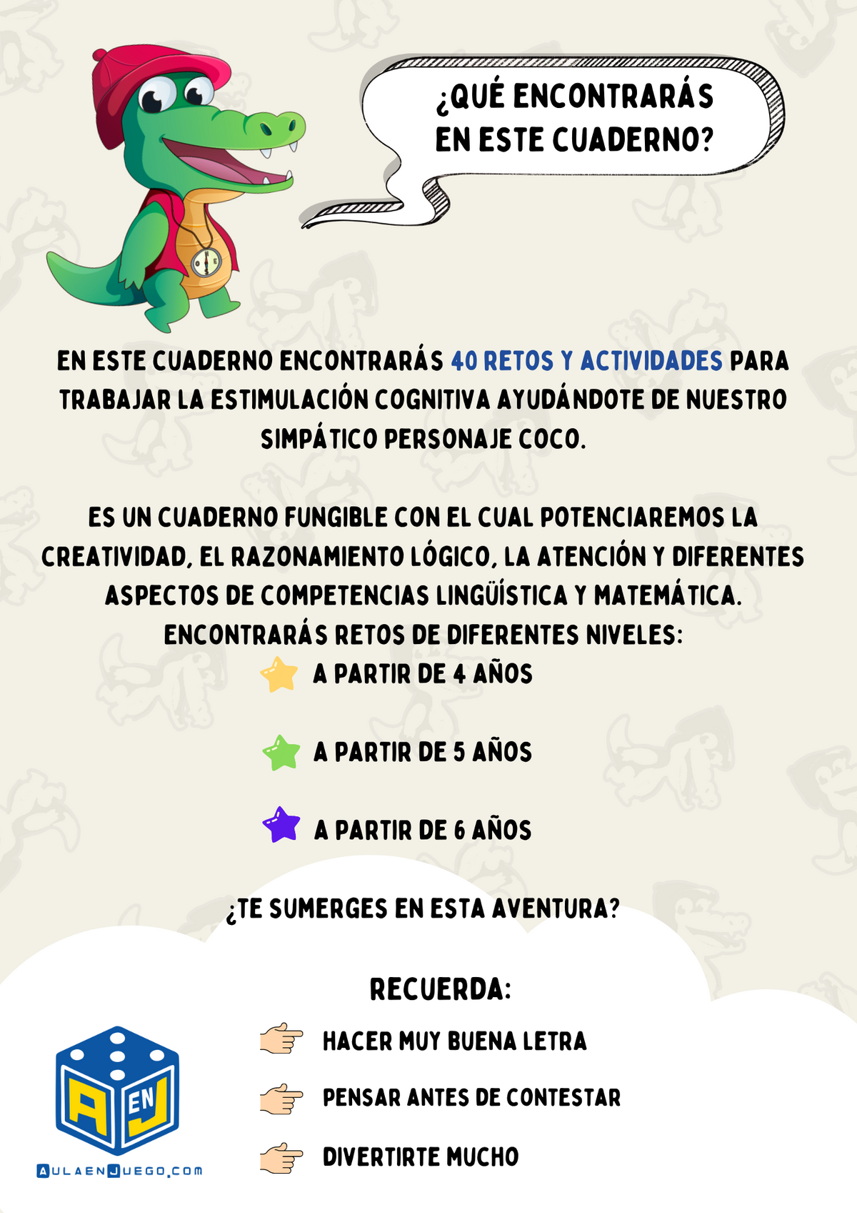 Cuaderno estimulación cognitiva +4 Aula en juego.